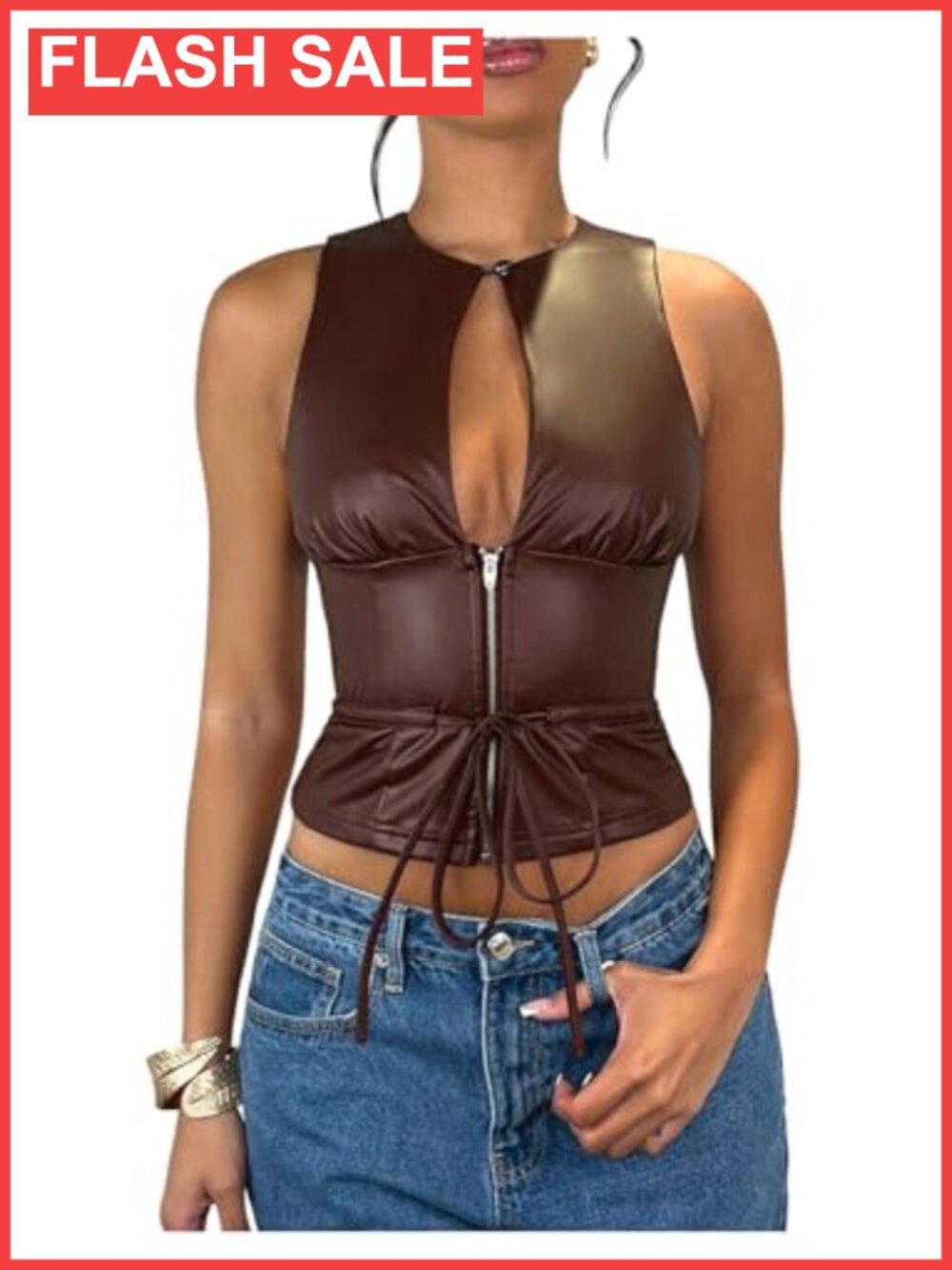Faux Leather Cut Out Tank Top Tie Knot Sleeveless Going Out Top